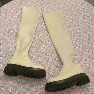 Over the knee off white faux leather boots